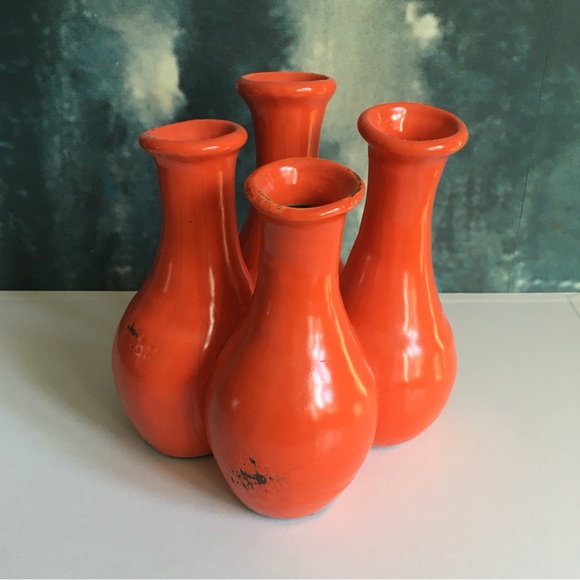 A Pop Of Orange Color Pottery Art Crackled Bud Vase Cluster Connected Conjoined - Picture 7 of 9